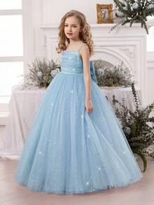 少女珍珠吊带星形网纱蝴蝶结装饰浅蓝色圣诞连衣裙,优雅公主裙,适合作为女孩生日礼物、青少年派对、婚礼、花童、感恩节、毕业典礼礼服。 - 淺藍色 - 查看 10