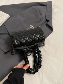 1pc Girl Heart Shaped Pleated Handbag With Print - Black - View 6