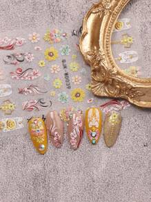 3 Pieces Of Bohemian Pattern Sunflower Relief Nail Art Stickers - Yellow, Blue, Black, And White Bohemian Fresh Hollow Patterns, Vines, Heart-Shaped Flowers, Roses, And Sunflower Art Designs, 5d Relief Technology, Suitable For Women's Disposable Self-Adhesive Back Adhesive Nail Art Stickers, Bohemian Pattern Theme Style, Easy To Stick Nail Decoration Stickers