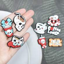 10PCS/8PCS SET Pink Skull Theme PVC Shoe Charms, Pink Plaid Cover Book Skull Striped Rose Lips Clown Unique Skull Coffee Cup Patterns Shoe Decoration, Slides Sandals Accessories