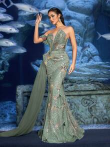 Faeriesty 奢华露肩晚礼服，高开衩设计，不对称侧拖尾，亮片点缀，鱼尾裙摆，适合盛大晚宴、红毯盛会、正式婚礼、歌剧首映礼、奢华颁奖典礼等正式场合，尽显优雅气质。 - 綠色 - 查看 4