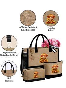 可爱高地牛主题手提包套装，包含一个手提包和一个黑色零钱包，饰有可爱高地牛和卡通向日葵图案，大容量手提包、单肩包、亚麻购物袋、沙滩包。