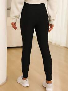 女士高腰褶皱口袋紧身裤 - 黑色 - 查看 2