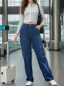 女式蓝色经典直筒男友牛仔裤 2025 平价牛仔布，永恒经典，适合所有人，休闲长裤，日常穿搭 - 深色水洗藍 - 查看 4