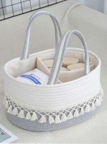 1pc Baby Diaper Storage Basket, Toy Organizer Basket With Tassel Handle, Handwoven Divided Portable Design