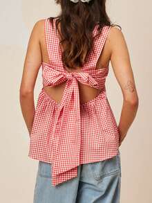 Women Y2k Going Out Tank Tops Gingham Square Neck Peplum Cami Tank Sleeveless Backless Bowtie Ruffle Peplum Babydoll Camisole Summer Going Out Cami Blouse - 紅色 - 查看 3