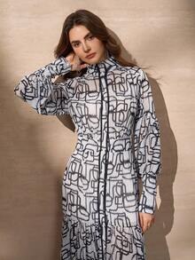 女士优雅浪漫几何花卉印花立领长袖A字连衣裙