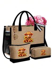 可爱高地牛主题手提包套装，包含一个手提包和一个黑色零钱包，饰有可爱高地牛和卡通向日葵图案，大容量手提包、单肩包、亚麻购物袋、沙滩包。