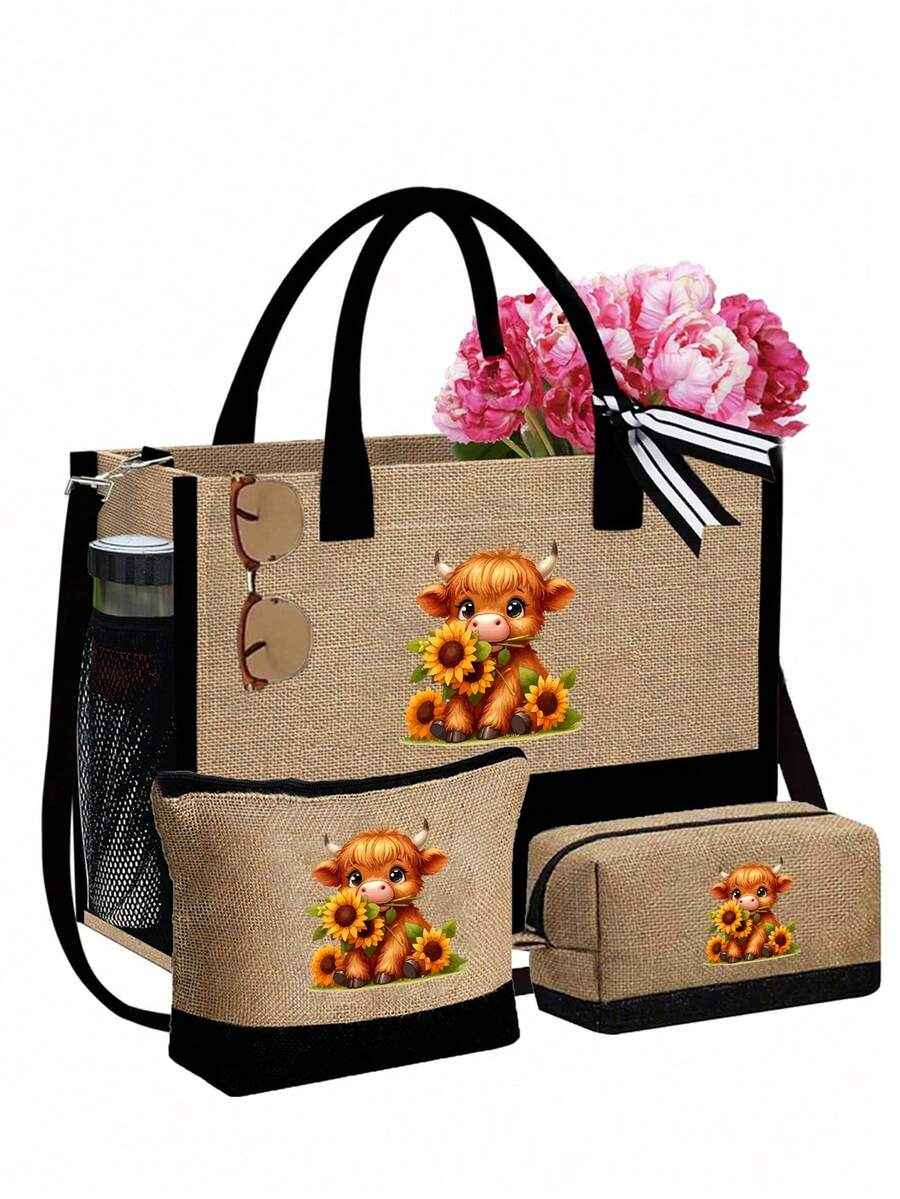 可爱高地牛主题手提包套装，包含一个手提包和一个黑色零钱包，饰有可爱高地牛和卡通向日葵图案，大容量手提包、单肩包、亚麻购物袋、沙滩包。