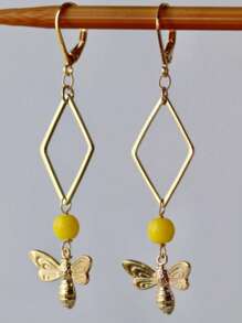 2pcs Stylish Bee Rhombus Design Metal Golden Color Pendant Earrings For Women, Suitable For Garden Party, Outings, Daily Wear