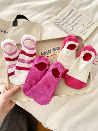 3 Pairs Women Liner Socks, Cute Letter Pattern, Fashion Versatile Soft Comfortable Moisture Wicking, White & Pink