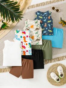 8pcs/Set Dinosaur Print Sleeveless Top And Solid Casual Shorts, Fashionable Outdoor Sports & Everyday Outfit For Baby Boy