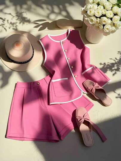 Stylish Elegant Slim Commuter Rose Red Contrasting Waistcoat Shorts For Women Summer