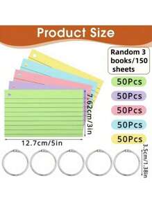 Index Card, 50 Color Flashcards With Loops Per Book, 3x5 Inch Note Cards, Note Cards With Lines, Rule Learning Cards, Study, School, University Supplies, Memory Flashcards, School Supplies,Back To School
