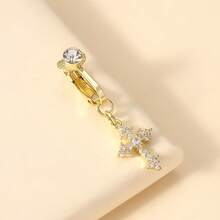 1Pc Fake Navel Ring Full Of Zirconia Cross Non-Real Navel Puncture Clip As A Gift For Women. - Yellow Gold - View 5