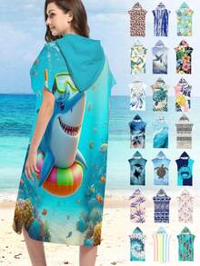 1pc Shark Hooded Poncho Changing Robe, Microfiber Wearable Beach Towel, Suitable For Surfing, Swimming, Bathing, Outdoor Sports, Adult Hooded Towel Cloak Robe - Multicolor - View 12