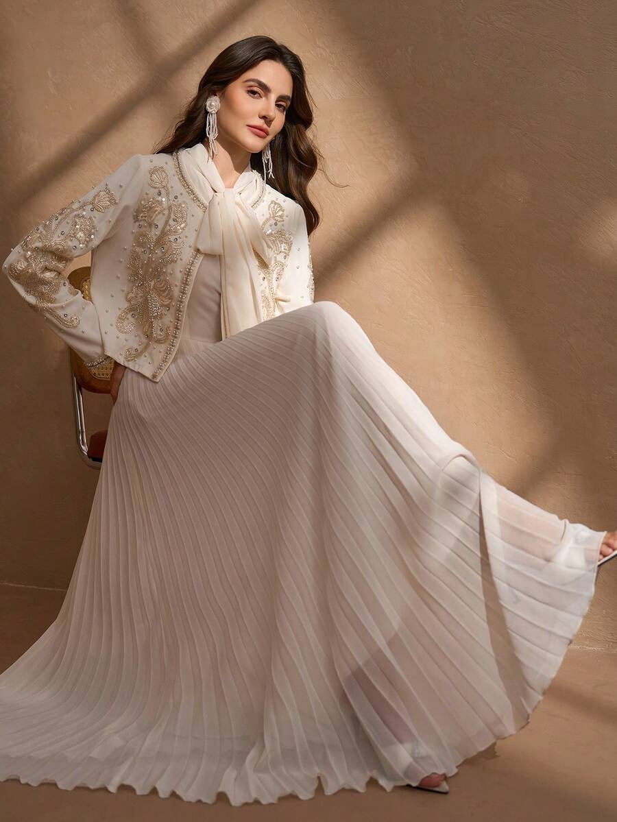 Elegant & Luxurious Pearl Embroidered Jacket Paired With Pleated Hem Chiffon Skirt, Graceful Two Pieces Set For Women Spring - Apricot - View 1