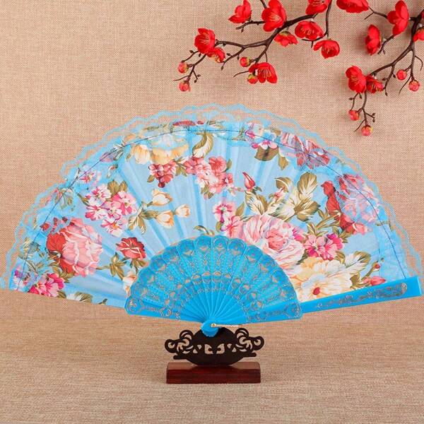 Random Peony Floral Pattern Folding Fan For Women, Summer Dancing Performance Photography Prop Accessory