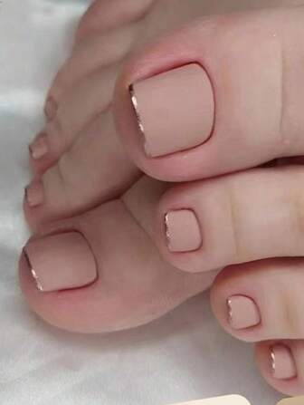 24pcs Matte Short Square False Toe Nails With Nude High-End Design Press-On False Nails With A Sheet Of Jelly Glue & A Nail File Jelly Glue Is Randomly Shipped