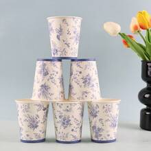 10pcs/20pcs/40pcs/Set Blue Flower Paper Cups, 9oz Disposable Pink & White Floral Print Chinese Style Drinking Cups, Suitable For Hot & Cold Beverages, Bridal Shower, Birthday Party Supplies - Blue - View 5