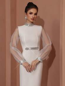 Vestido de fiesta ajustado de organza transparente con mangas de cristal 3D y abalorios blancos para mujer FEELAIR, ideal para citas, fiestas de solteros, reuniones, bailes, graduaciones, ocasiones formales, recepciones de cóctel, bodas, vestido de noche, invitada de boda - Blanco - Ver 8