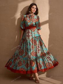Elegant Romantic Print With Solid Color Fabric Belt Decorated Women's A-Line Vacation Dress