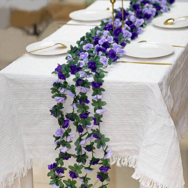 1/5pcs Exquisite Artificial Rose Vine Flowers Garland - Lifelike Small Roses With Green Leaves, Durable Plastic Faux Floral Decor For Wedding, Home, Living Room, Wall Hanging, And Party Decoration - Easy To Shape And Hang
