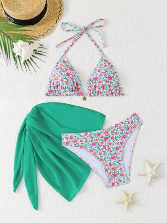 3Pcs/Set Women's Ditsy Floral Elegant And Sexy Bikini, Knit Fabric Tied Style Beach Swimsuit