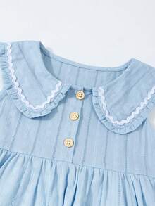 Girls' And Children's Day Summer Sleeveless Dress Fashion Collar Button Outdoor Casual Cute With Pocket Solid Color Pure Cotton Summer Cute Princess Skirt 2-7Y - 淺藍色 - 查看 3