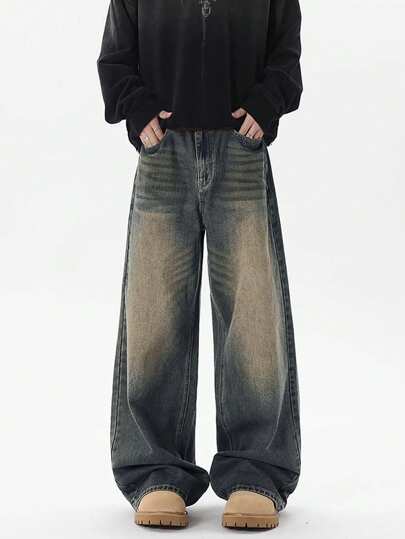 1pc Men Relaxed Fit Vintage Distressed Washed Wide Leg Casual Denim Jeans
