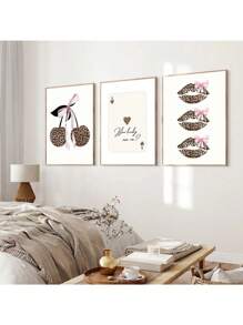 Set Of 3 Leopard Lips Cherry Preppy Art Funky Poster Y2K Girly Room Dopamine Decor Painting Canvas Print Wall Picture For Dorm, Apartment, Girl Room, Bedroom, Living Room, Modern Home Decoration Canvas Painting Poster Wall Art Picture Cinema Room Home Bedroom Decoration
