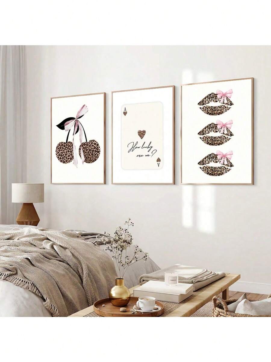 Set Of 3 Leopard Lips Cherry Preppy Art Funky Poster Y2K Girly Room Dopamine Decor Painting Canvas Print Wall Picture For Dorm, Apartment, Girl Room, Bedroom, Living Room, Modern Home Decoration Canvas Painting Poster Wall Art Picture Cinema Room Home Bedroom Decoration