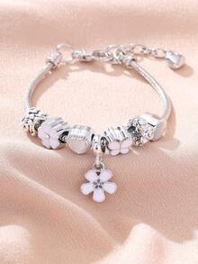 1 件优雅水钻镶嵌心形花卉吊坠串珠铜手链，适合女士，奢华个性化链式手链 [白色] [粉色] [可调节] - 銀色 - 查看 6