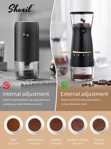 shoxil 1pc Electric Coffee Grinder, Portable USB Rechargeable Coffee Grinder, Large Capacity 60g Ceramic Burr Espresso Grinder, External Adjustment Coffee Bean Mill With 5 Precise Grind Settings, For Home, Office, Travel