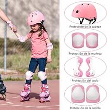 Juego de Cascos para Niños Incluye 2 Coderas, 2 Rodilleras,2 Palmilleras, 1 Casco, para Practican Esquí, Ciclismo, Patinaje sobre Ruedas y Deportes al Aire Libre,Conjuntos de Patines Niños, - rosa - Ver 1