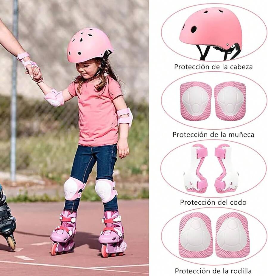Juego de Cascos para Niños Incluye 2 Coderas, 2 Rodilleras,2 Palmilleras, 1 Casco, para Practican Esquí, Ciclismo, Patinaje sobre Ruedas y Deportes al Aire Libre,Conjuntos de Patines Niños, - rosa - Ver 1