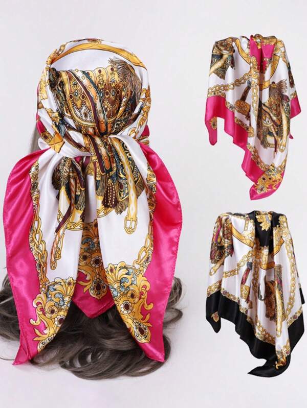 1pc 90cm Silk Scarf With Saddle Flower Pattern, Fashion Shawl Suitable For Women, Versatile Wearing For Various Occasions