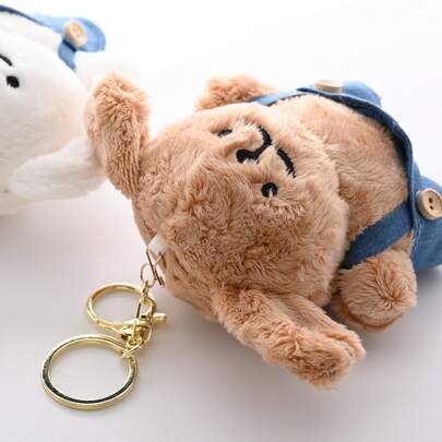 1pc Fuzzy Overalls Puppy Plush Doll Doll, Adorable White Dog Stuffed Animal Keychain, Pendant, Home Decor, Kids Doll, Birthday Gift, Holiday Gift