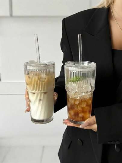 1pc Heat Resistant Glass Coffee Cup With Lid And Straw - Leak Proof Portable Hot Drink Cup, Suitable For Office And Outdoor Travel, Fashionable Straw Cup, Simple Coffee Cup With Lid, Transparent Glass Straw Cup, Office Coffee Cup, Glass Coffee Cup With Lid And Straw, Straw Cup With Lid, Coffee Cup With Straw, Beverage Cup With Lid And Straw Back To School