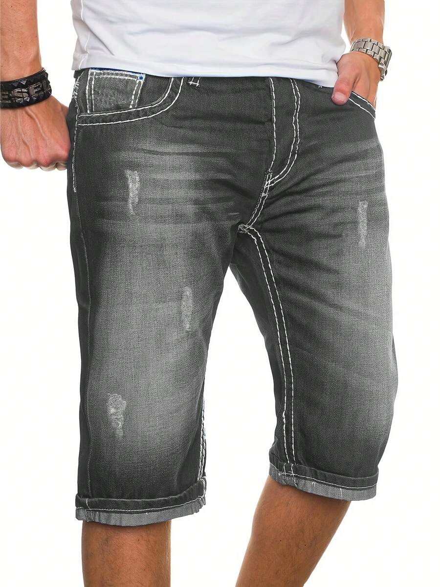 Men's Fashionable Washed Pocket Stretch Denim Jeans - Grey - View 1