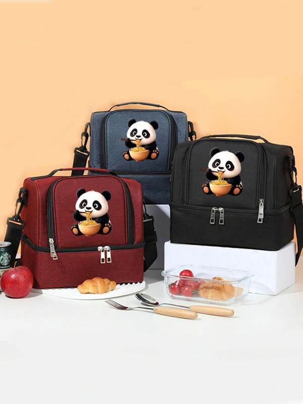 1pc Large Capacity Panda Noodle Print Thermal Lunch Bag - Fashion Casual Oxford Tote Lunch Bag With Zipper Closure, Foldable Lightweight, Handwash, Foil Lining, Dual Handles, Suitable For School, Work, Picnic, Travel