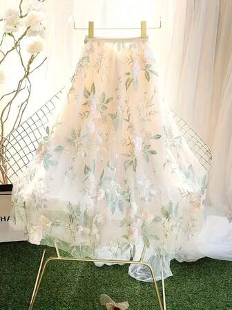 女士精致刺绣花卉网眼裙，浪漫优雅中长网眼裙