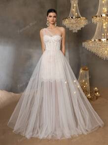 Faeriesty Elegante vestido de novia clásico con escote corazón de un hombro, intrincado corpiño de encaje y falda de tul fluida - Vestido de boda romántico para ceremonias en iglesia, jardín, playa y salón de baile