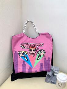 THE POWERPUFF GIRLS Japanese Style Versatile Cartoon Canvas Bag, Tote Bag For Women With Large Capacity, Shoulder Bag, Embroidered Beach Bag, Nylon Shopper Bag