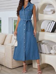 Sleeveless Button Front Denim Dress For Women With Belt - Medium Wash - View 9