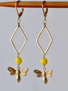 2pcs Stylish Bee Rhombus Design Metal Golden Color Pendant Earrings For Women, Suitable For Garden Party, Outings, Daily Wear