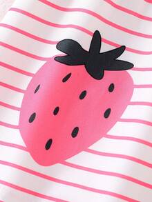 2 件女童夏季服装套装：条纹和草莓印花圆领连衣裙上衣 + 柔软舒适打底裤，适合幼儿的时尚运动休闲套装 - 粉色 - 查看 6