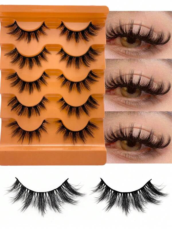 5Pairs Of 3D Fluffy Artificial Mink Eyelashes Slim False Eyelashes Thick False Eyelashes Curling False Eyelashes 3D Natural False Eyelashes Suitable For Holiday Parties Halloween Christmas False Eyelashes Cat Eye Lashes For Various Occasions