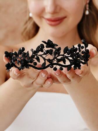 1 st bröllop svart blomma pannband hårkrona vinröd kristallpärlor tiara brudhårsmycken huvudbonader håraccessoarer för kvinnor halloweenfest bal