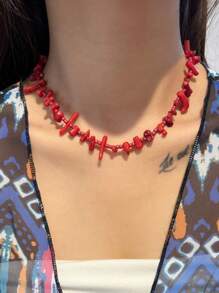 1pc Boho Tropical Island Irregular Red Coral Beaded Sailor Buckle Necklace For Charm Women's Vacation Beach Jewelry Accessories